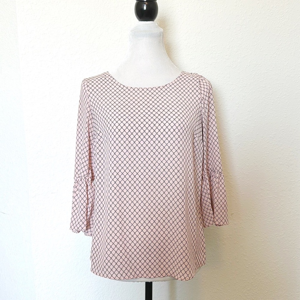 Elle • Blush Pink Geometric Print Bell Sleeve Blouse